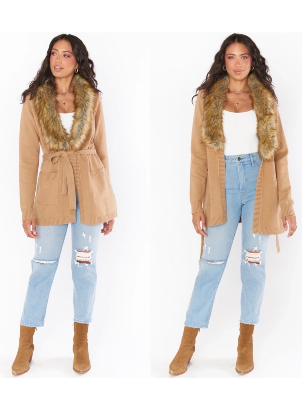 Show Me Your MuMu Cabin Cardigan Faux Fur Trim Camel Sweater Sz S NWT Cozy Chic